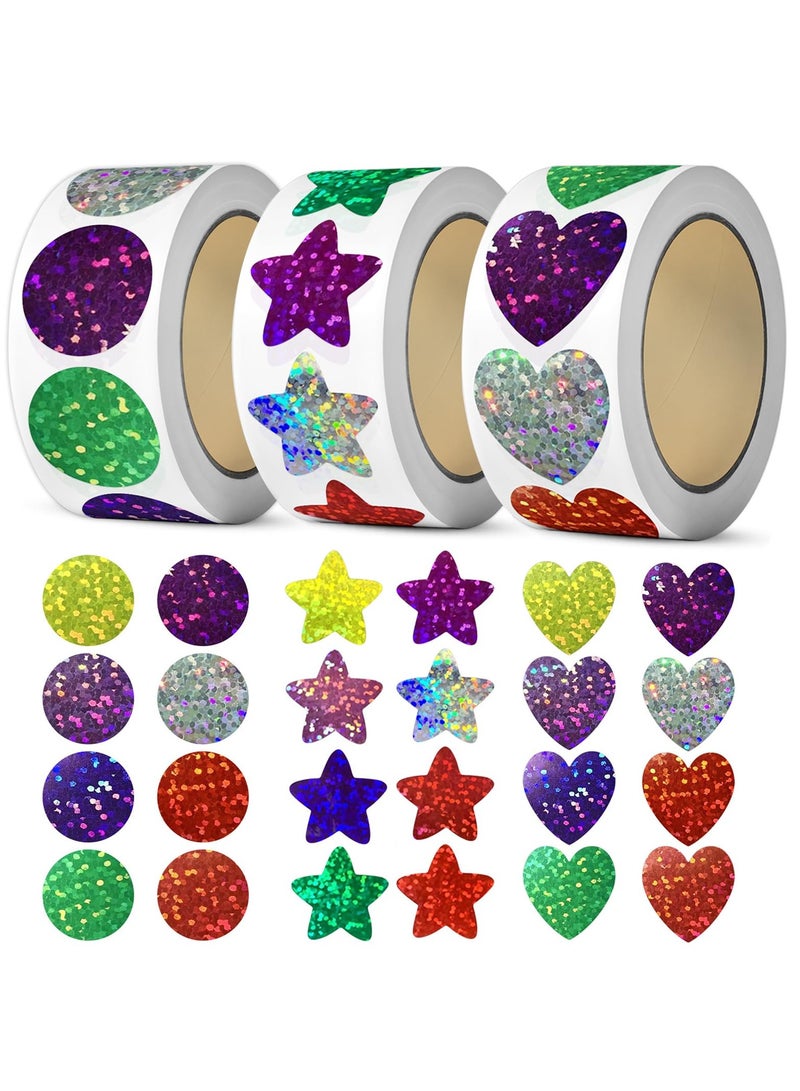 SYOSI 1500Pcs Glitter Star Stickers Heart Stickers Round Stickers, Foil Shiny Stickers for Kids Reward Decoration or Gifts, 1 inch Colorful Stickers for DIY Crafts, Party, Classroom Teacher Supplies - Image 1