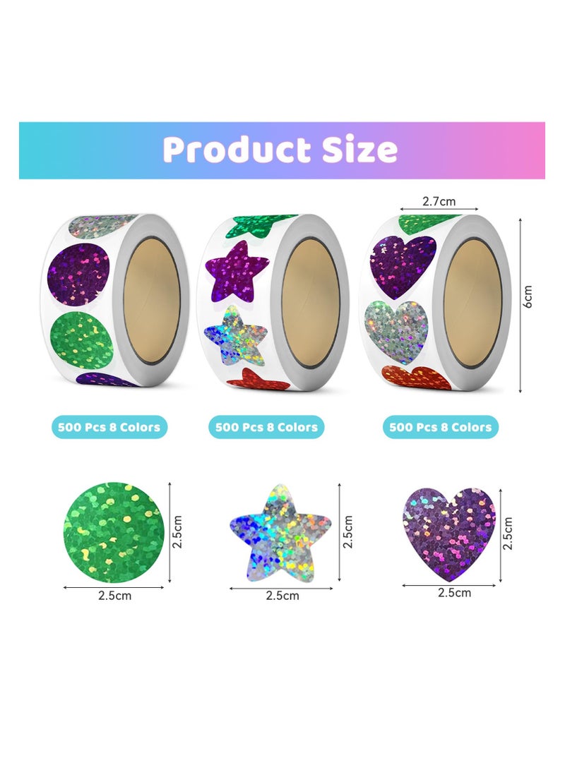 SYOSI 1500Pcs Glitter Star Stickers Heart Stickers Round Stickers, Foil Shiny Stickers for Kids Reward Decoration or Gifts, 1 inch Colorful Stickers for DIY Crafts, Party, Classroom Teacher Supplies - Image 2