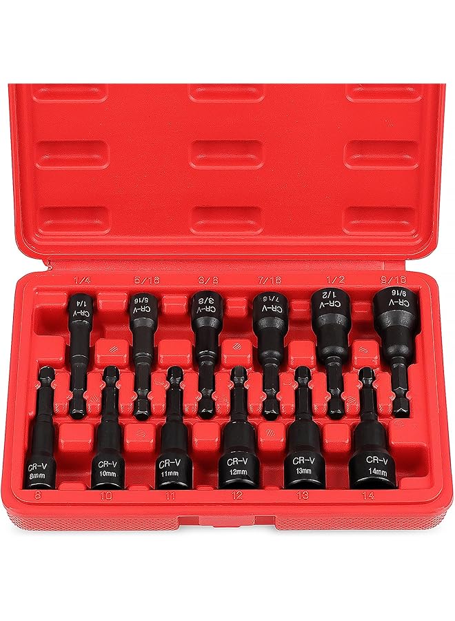 PROMASS مجموعة مفكات صمولة، 12 قطعة مفكات صمولة مغناطيسية للحفر التأثيري، مقاسات SAE وMetric، فولاذ Cr-V مع عمود سداسي 1/4" - Image 1