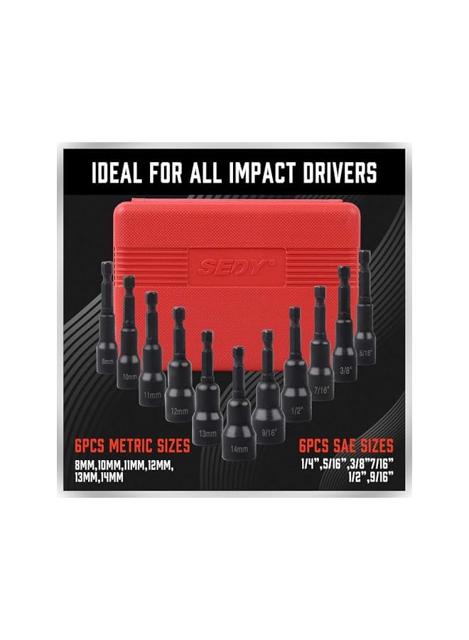 PROMASS مجموعة مفكات صمولة، 12 قطعة مفكات صمولة مغناطيسية للحفر التأثيري، مقاسات SAE وMetric، فولاذ Cr-V مع عمود سداسي 1/4" - Image 4