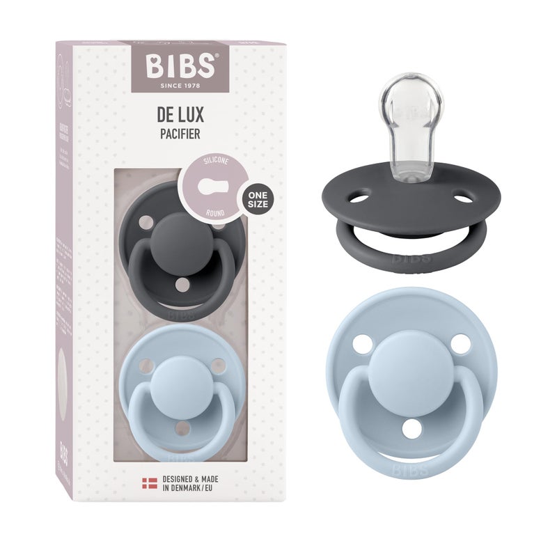 BIBS Pacifiers - De Lux Collection | BPA-Free Baby Pacifier | Made in Denmark | Set of 2 Iron/Baby Blue Color Premium Soothers | Size One Size - Image 1