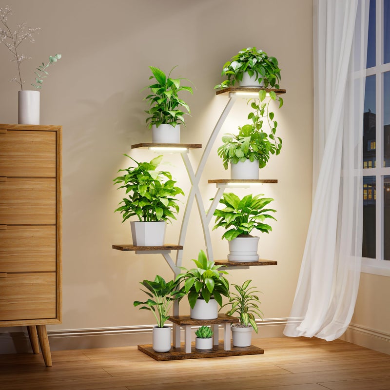 EVAWOO Plant Stand Indoor with Grow Lights - 7 Tiered Plant Shelf Indoor, Corner Plant Stands for Indoor Plants Multiple, 42" Metal Plant Shelves, Plant Flower Holder Display Rack for Home Patio Balcony White - Image 1