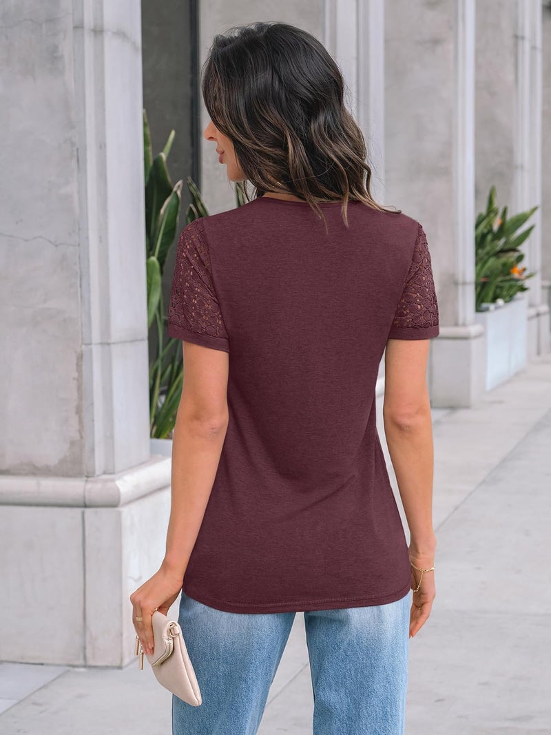 AUTOMET Short Sleeve Shirts for Women Summer Tops 2026 Spring Fashion Dressy Casual Outfits Lace Trendy Top Cute Work T Shirt Business Vacation Clothes Blouses Wine Red L - Image 4