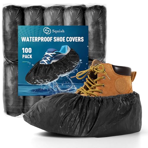 squish Shoe Covers Disposable Non-Slip, 100 Pack 6g Thick Booties Cover, Waterproof Slip Resistant Disposable Shoe Covers Durable Protector Covers for Indoors and Outdoors Fit Up to 13 Size (Black) - Image 1