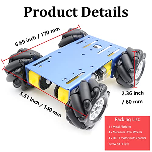 SmaringWing 4WD Metal Smart Car Chassis MC100 Remote Control Omnidirectional Wheel Robot Platform Car Kit with 60mm Mecanum Wheel DC TT Motor for ArduinoRaspberry piMicobit DIY Maker Learning Blue - Image 5