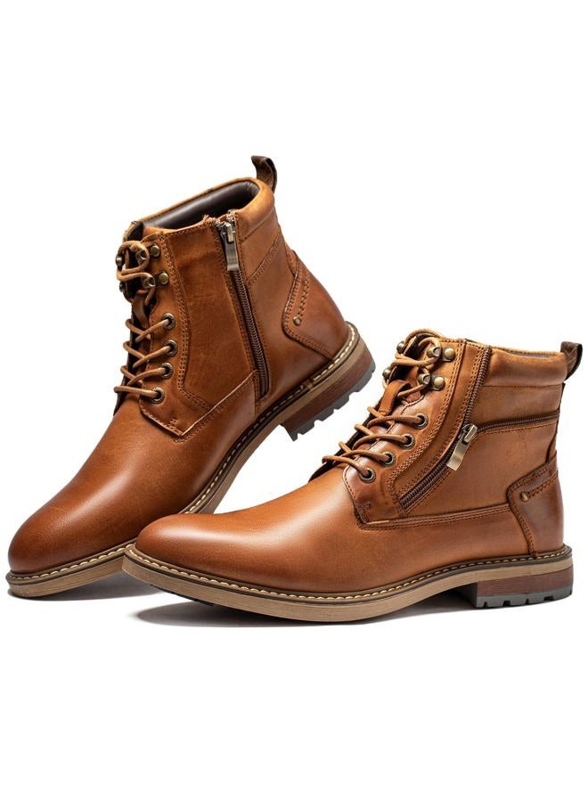Arkbird Mens Casual Boots Genuine Leather Motorcycle Combat Chukka Zipper Ankle Dress Boot for Men, Matte Brown, 11.5 - Image 1