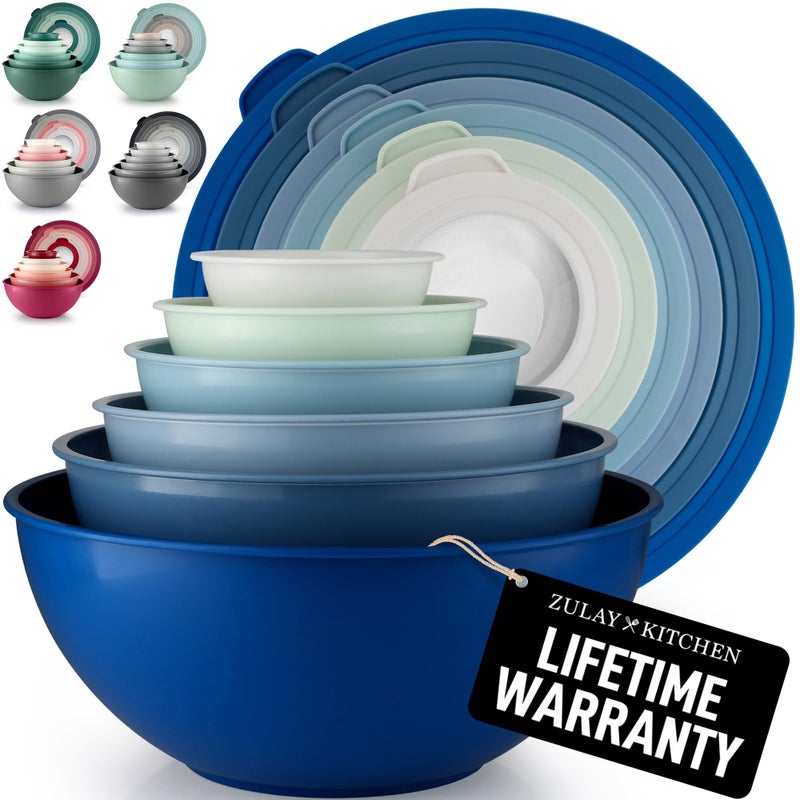 Zulay Kitchen 12 Piece Plastic Mixing Bowls with Lids Set - Leak-Proof Microwave & Freezer Safe Stackable Mixing Bowl Set for Preparing, Serving and Storing - Non-Slip Large Nesting Bowls (Blue Ombre) - Image 1