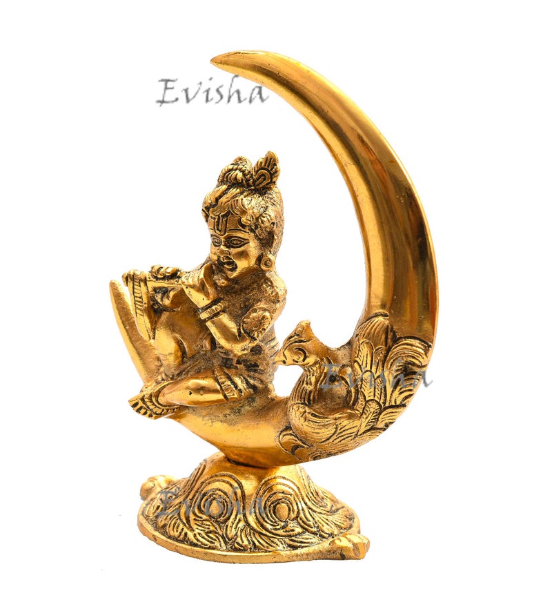 Evisha Metal Brass Moon Chaand Krishna Statue Showpiece (Golden, Standard) - Image 4