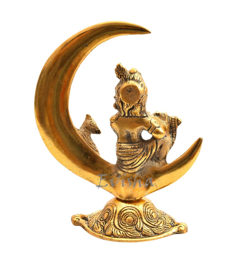 Evisha Metal Brass Moon Chaand Krishna Statue Showpiece (Golden, Standard) - Image 5