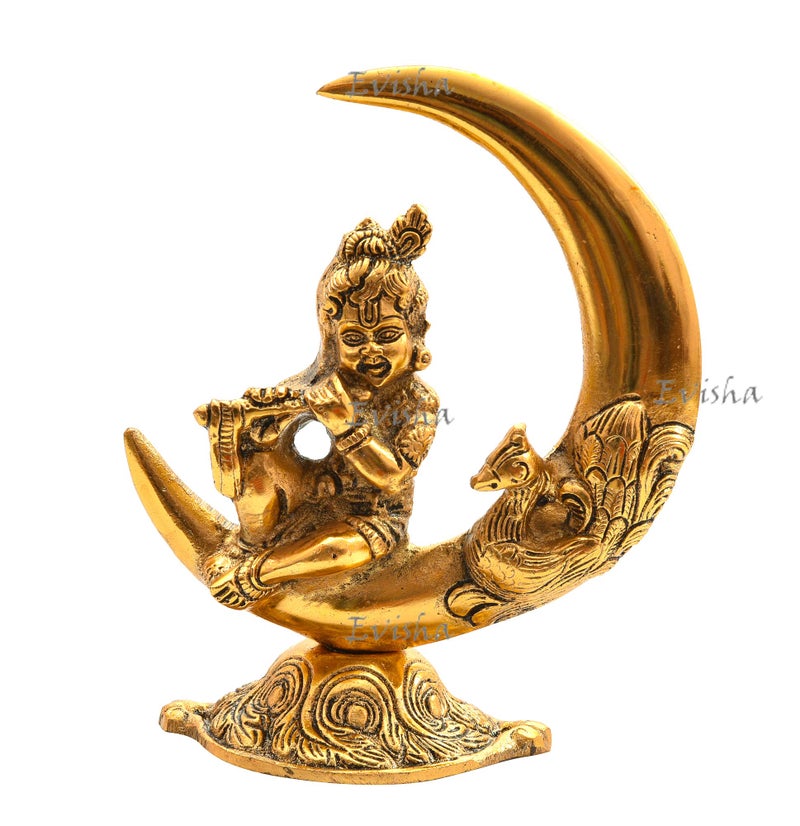Evisha Metal Brass Moon Chaand Krishna Statue Showpiece (Golden, Standard) - Image 2