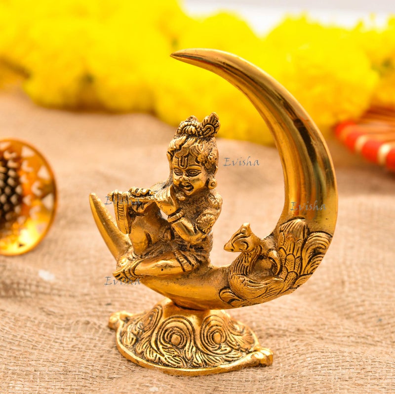 Evisha Metal Brass Moon Chaand Krishna Statue Showpiece (Golden, Standard) - Image 1