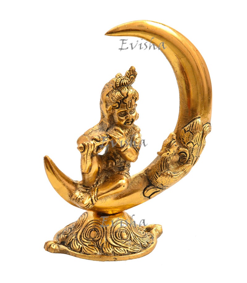 Evisha Metal Brass Moon Chaand Krishna Statue Showpiece (Golden, Standard) - Image 3