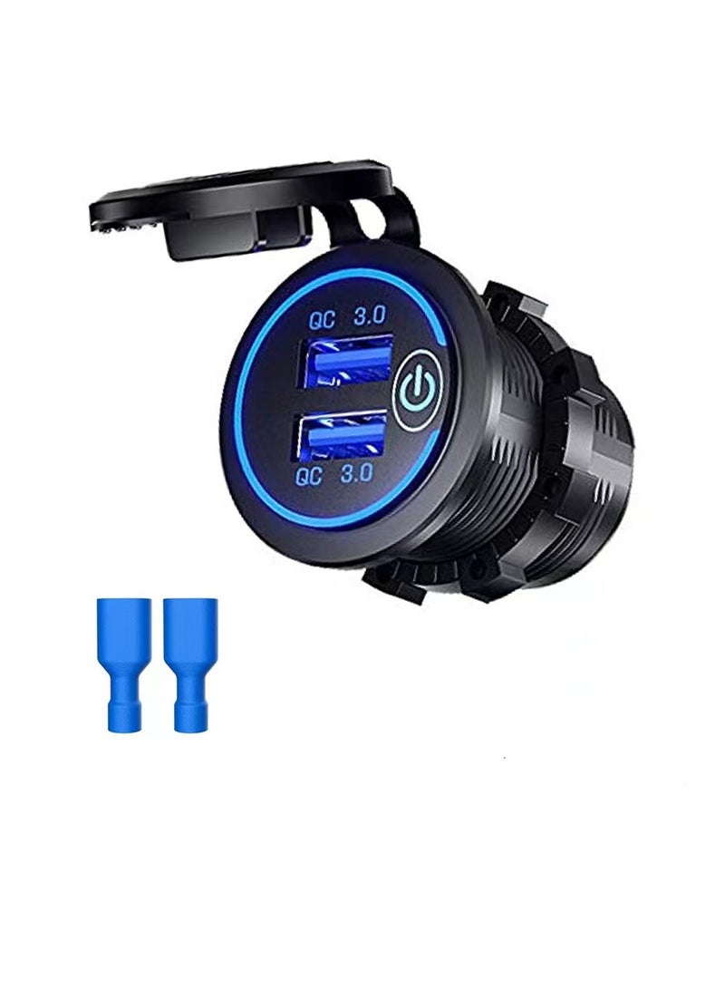 Car Mobile Phone Charger, QC3.0 Fast Charging Car USB Outlet, Dual USB Power Car Charger Socket For Car Golf Cart Boat RV Motorcycle, (Blue Light, Dual Port QC3.0)  - Image 1