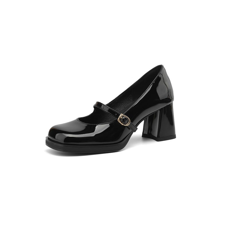2024 Spring Fashion High Heeled 33-43 British Style Square Head Buckle Shallow Mouth Single Shoes - Image 1