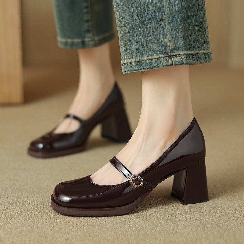 2024 Spring Fashion High Heeled 33-43 British Style Square Head Buckle Shallow Mouth Single Shoes - Image 4