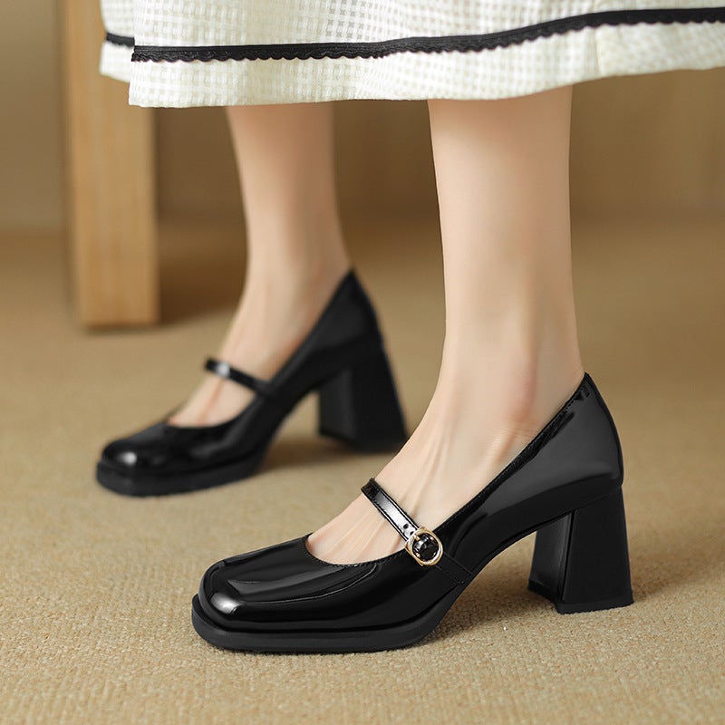 2024 Spring Fashion High Heeled 33-43 British Style Square Head Buckle Shallow Mouth Single Shoes - Image 3