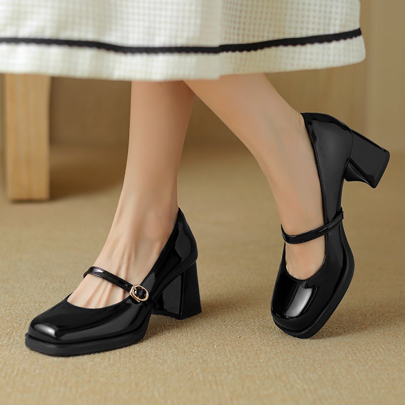 2024 Spring Fashion High Heeled 33-43 British Style Square Head Buckle Shallow Mouth Single Shoes - Image 2