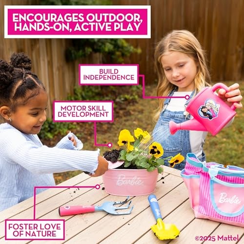 Barbie Garden Set – Real Gardening Tools for Kids with Watering Can, Metal Tools, Flower Pot and Storage Bag – Pink Tool Playset for Outdoors, 6 Pieces - Image 5