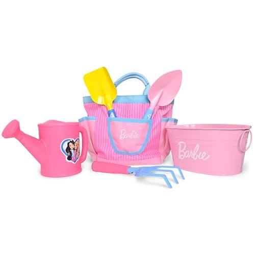 Barbie Garden Set – Real Gardening Tools for Kids with Watering Can, Metal Tools, Flower Pot and Storage Bag – Pink Tool Playset for Outdoors, 6 Pieces - Image 1