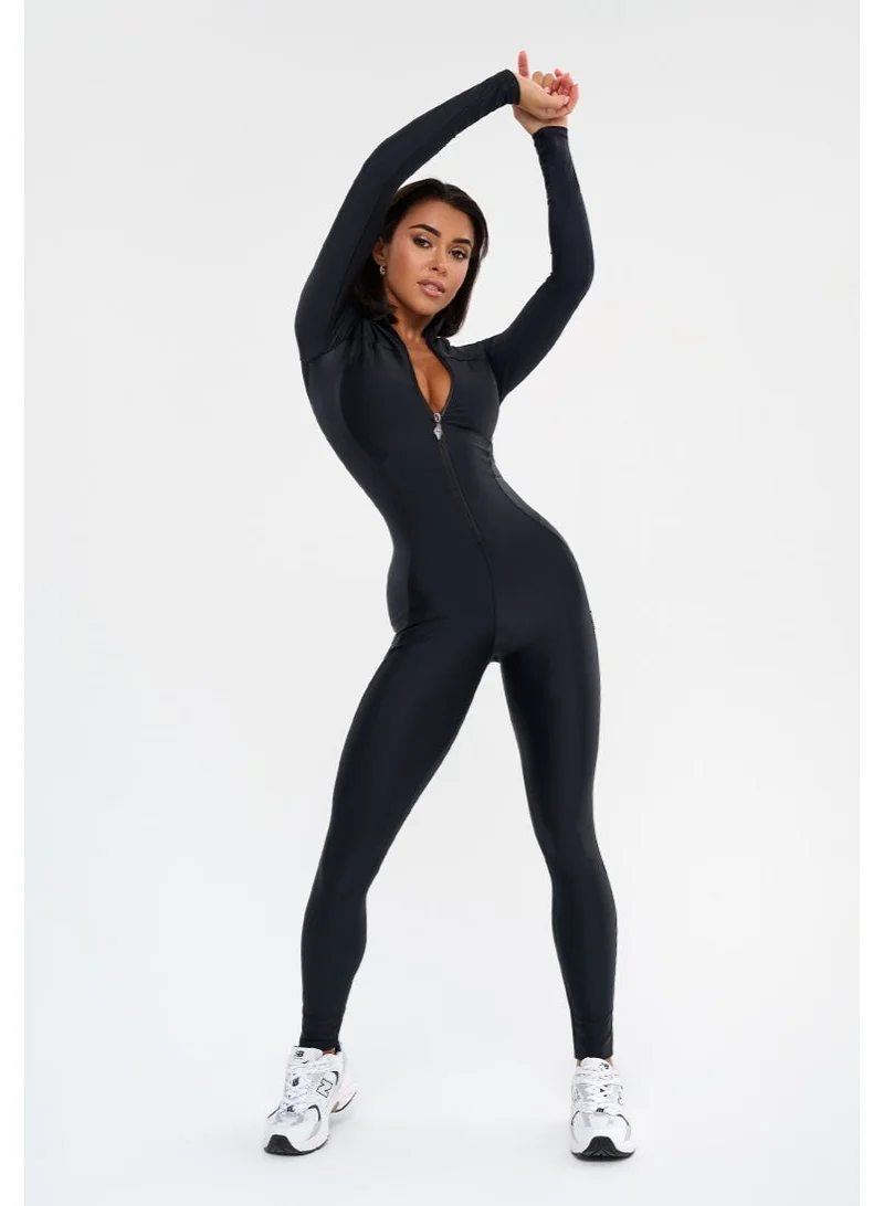 Bona Fide Premium Long Sleeve Athletic Jumpsuit for Women - Full-Body Sculpting Workout Bodysuit with Tummy Control - Professional Quarter-Zip Compression Romper for Gym & Fitness - Sleek Black
