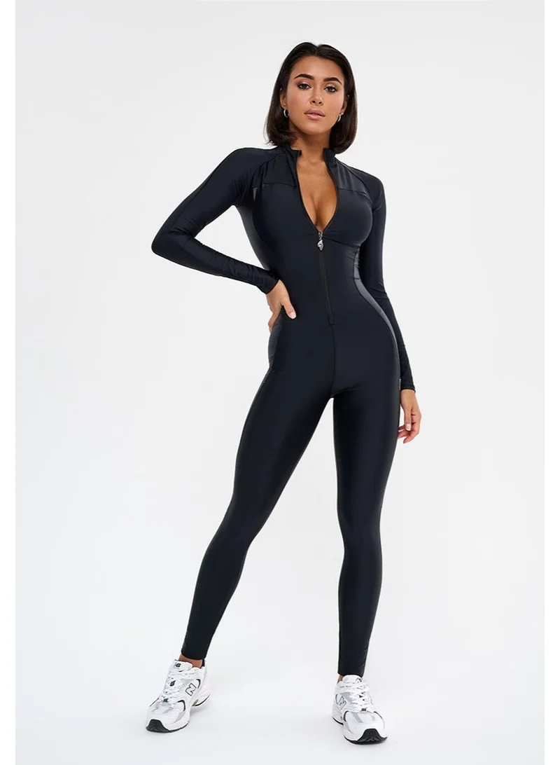 بونا فيدي جمبسوت رياضي نسائي فاخر بأكمام طويلة من بونا فايد - بودي سوت كامل لنحت القوام وتنحيف البطن - رومبير ضاغط احترافي بسحاب ربع للجيم واللياقة البدنية - أسود أنيق