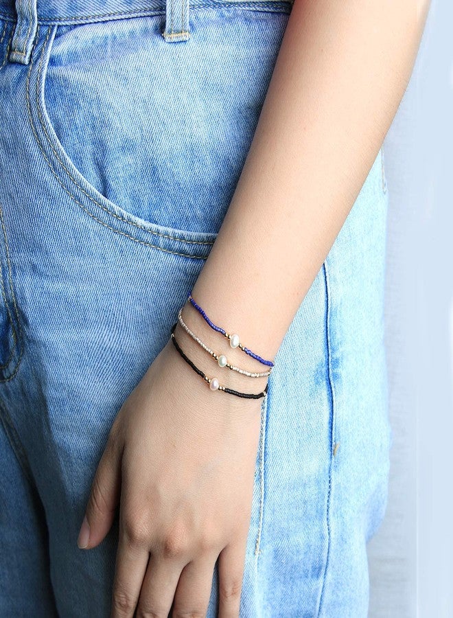 KELITCH 3PCS Pearl Seed Bead Bracelets for Women Thin Rope Handmade Braided Adjustable Charm String Chains Stack Bracelets Sets Friendship Jewelry - 02H - Image 5