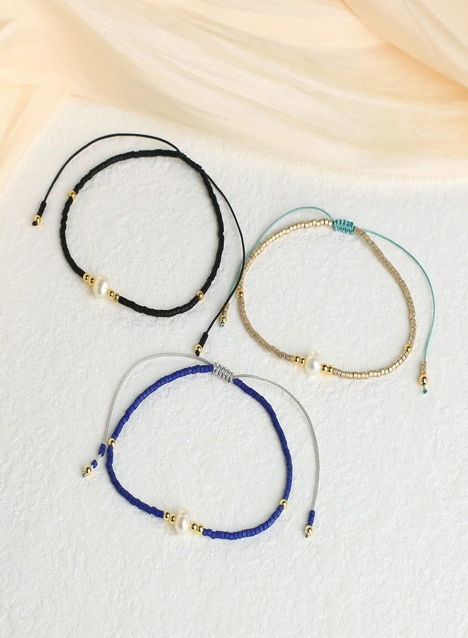 KELITCH 3PCS Pearl Seed Bead Bracelets for Women Thin Rope Handmade Braided Adjustable Charm String Chains Stack Bracelets Sets Friendship Jewelry - 02H - Image 2