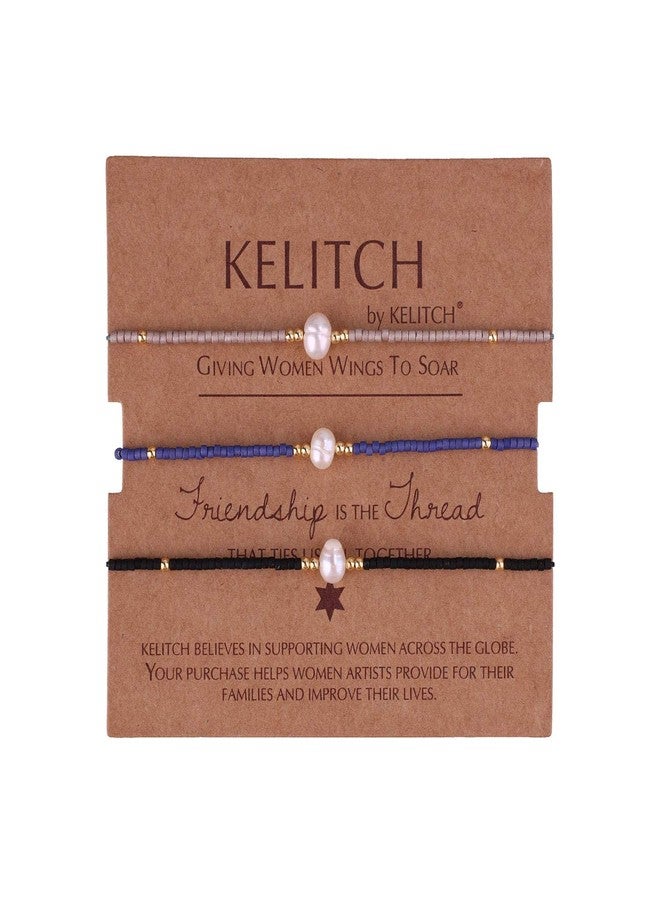 KELITCH 3PCS Pearl Seed Bead Bracelets for Women Thin Rope Handmade Braided Adjustable Charm String Chains Stack Bracelets Sets Friendship Jewelry - 02H - Image 1