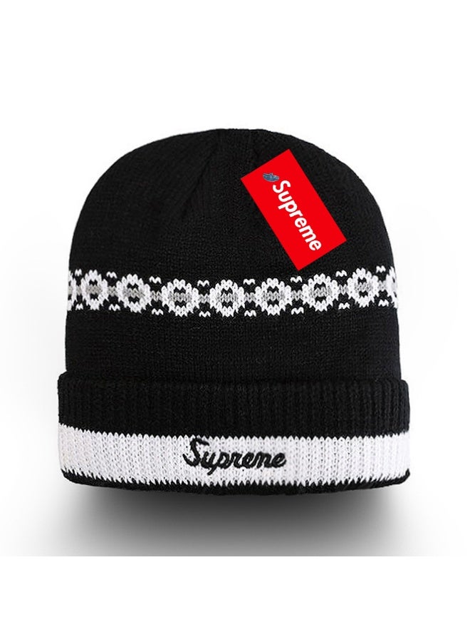 Supreme Black Knit Beanie with White Pattern & Logo Label