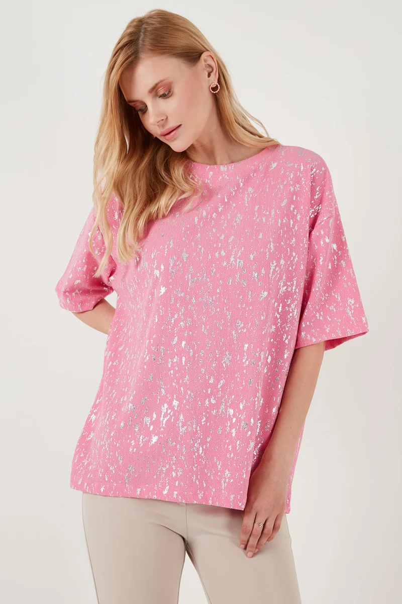 ليلا Shiny Oversize Fit Crew Neck Blouse Women's Blouse 5865816