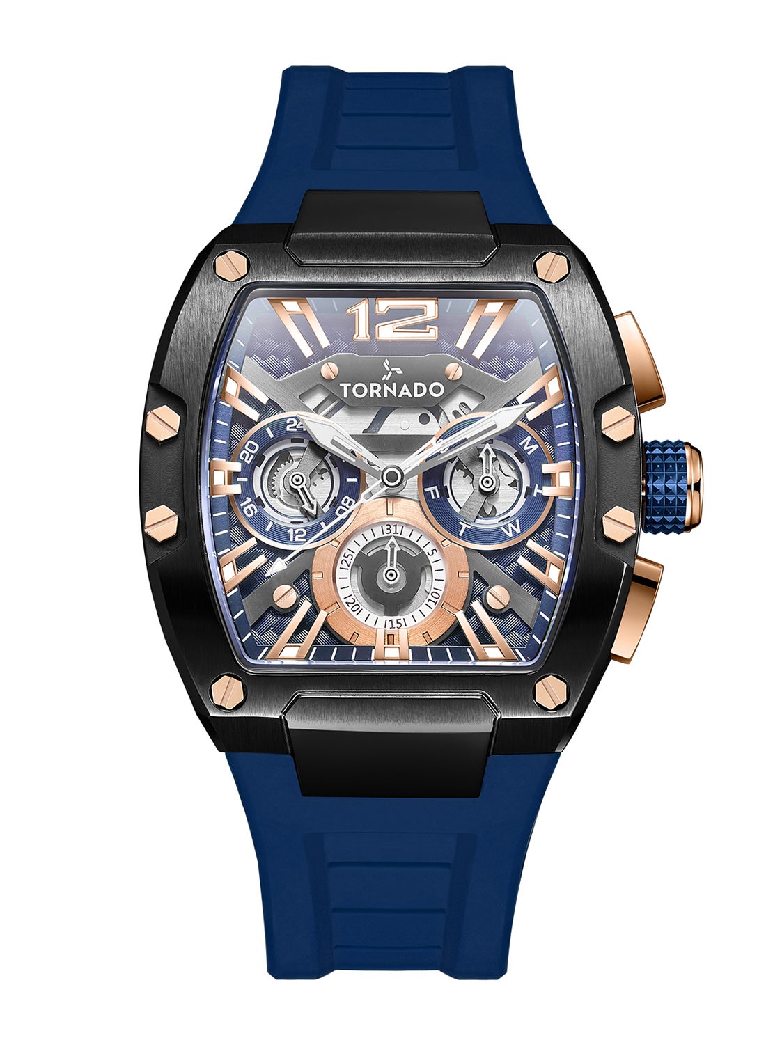 Xenith Men's Part Skeletonized, Multi Layered Rose Gold & Blue Dial Multi Function Wrist Watch - T23105-BSNNK 