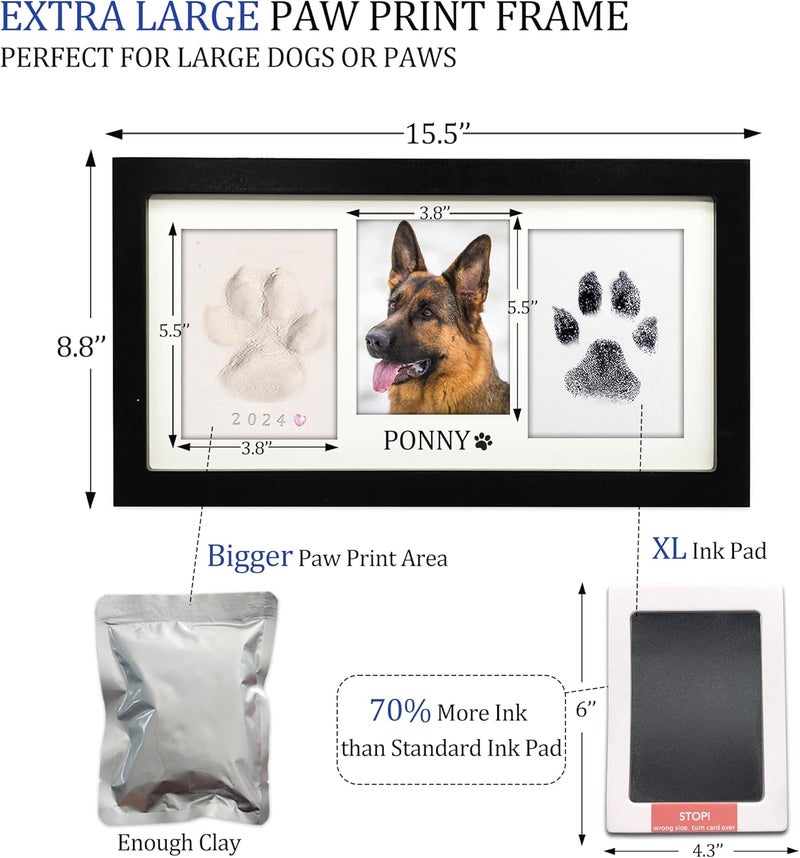 MYPAWLETS مجموعة إطار بصمة المخلب كبيرة جدًا من ، مجموعة بصمة مخلب الكلب/القط، طين بصمة ناعم ووسادة حبر نظيفة اللمس، مجموعة طباعة بصمة الحيوانات الأليفة مع أداة تخصيص، إطار تذكاري خشبي للحيوانات الأليفة - أسود - Image 2