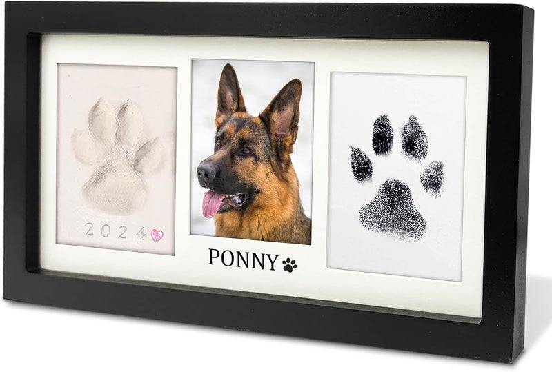 MYPAWLETS مجموعة إطار بصمة المخلب كبيرة جدًا من ، مجموعة بصمة مخلب الكلب/القط، طين بصمة ناعم ووسادة حبر نظيفة اللمس، مجموعة طباعة بصمة الحيوانات الأليفة مع أداة تخصيص، إطار تذكاري خشبي للحيوانات الأليفة - أسود - Image 1