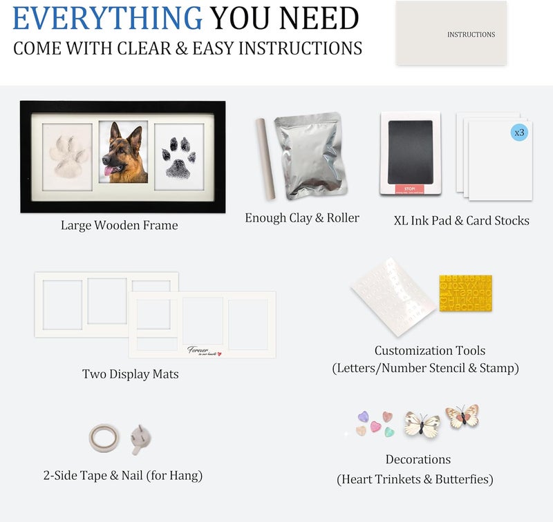 MYPAWLETS مجموعة إطار بصمة المخلب كبيرة جدًا من ، مجموعة بصمة مخلب الكلب/القط، طين بصمة ناعم ووسادة حبر نظيفة اللمس، مجموعة طباعة بصمة الحيوانات الأليفة مع أداة تخصيص، إطار تذكاري خشبي للحيوانات الأليفة - أسود - Image 4