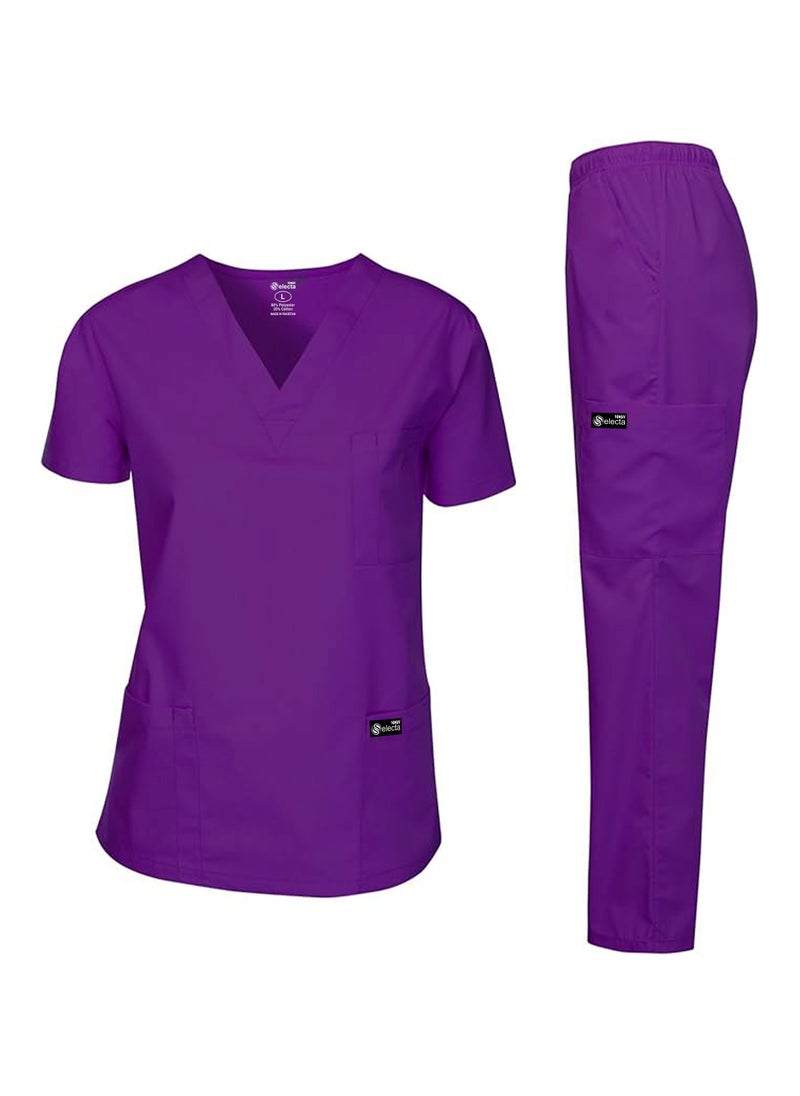 Selecta Now Womens Medical Scrubs Set V Neck Purple Top & Elastic Waist Bottom Comfortable Workwear for Nurses, Doctors, & Healthcare Professionals  - Image 1