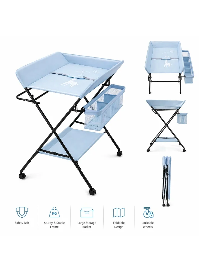 كيكيبيبي Kikibebe Babycare Diaper Changing Table With Wheels – 5-Level Height Adjustable Infant Care Station With Storage Shelf – Light Blue