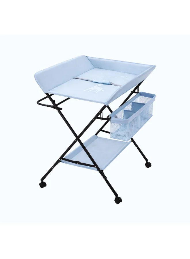 كيكيبيبي Kikibebe Babycare Diaper Changing Table With Wheels – 5-Level Height Adjustable Infant Care Station With Storage Shelf – Light Blue