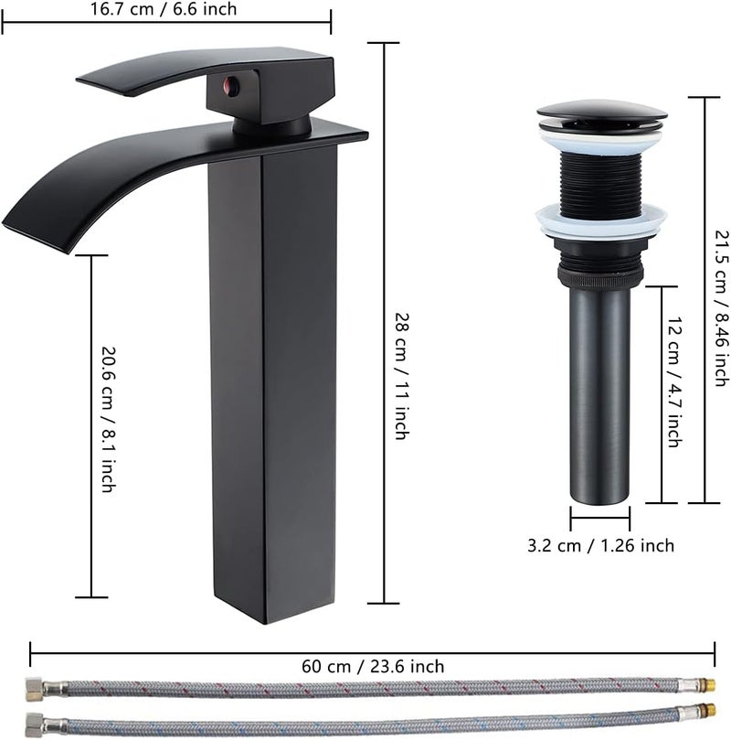VOTON Vessel Sink Faucet Matte Black Modern Tall Waterfall Bathroom Sink Faucet with Pop-Up Drain Single Handle Bathroom Faucet 1 Hole Bowl Lavatory Vanity Faucet, Rv Sink Camper Farmhouse Faucet - Image 2