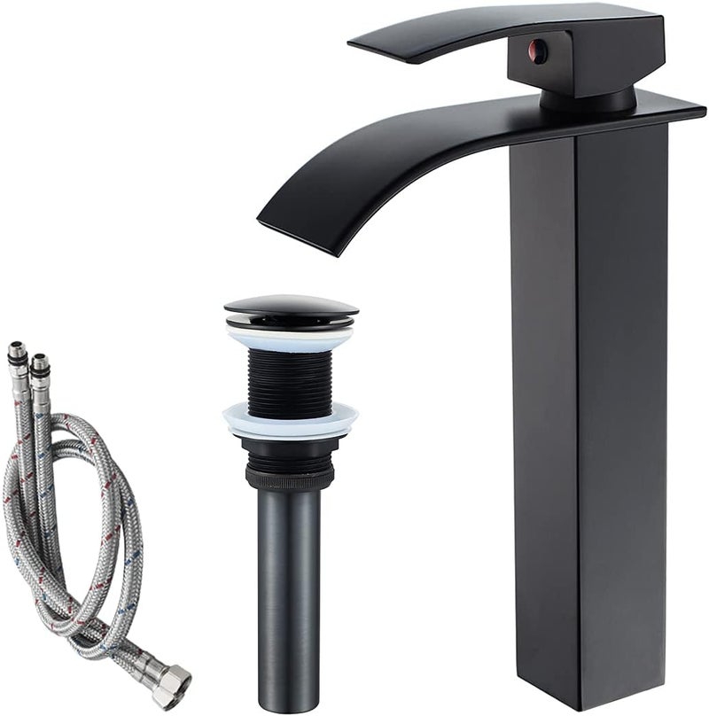 VOTON Vessel Sink Faucet Matte Black Modern Tall Waterfall Bathroom Sink Faucet with Pop-Up Drain Single Handle Bathroom Faucet 1 Hole Bowl Lavatory Vanity Faucet, Rv Sink Camper Farmhouse Faucet - Image 1