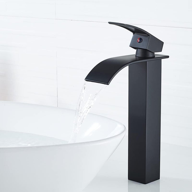 VOTON Vessel Sink Faucet Matte Black Modern Tall Waterfall Bathroom Sink Faucet with Pop-Up Drain Single Handle Bathroom Faucet 1 Hole Bowl Lavatory Vanity Faucet, Rv Sink Camper Farmhouse Faucet - Image 3