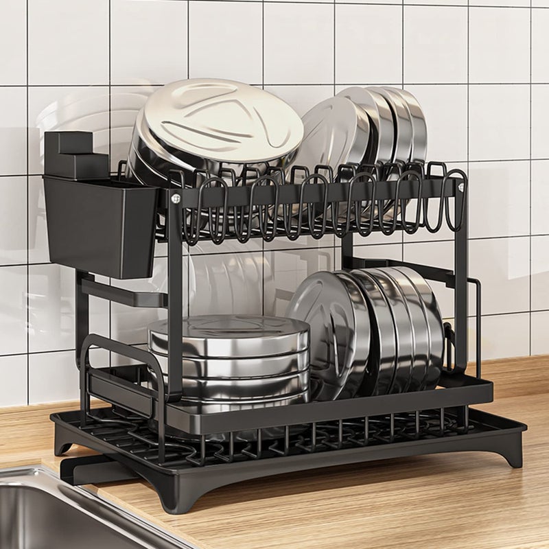 KZOBYD stainless steel Dish Drying Rack with Drip Tray, 2 Tier Compact Dish Drainer Rack, Plate Drying Rack with Cutlery Holder Draining Board Rack with Utensil Holder for Kitchen Countertop, Black - Image 3