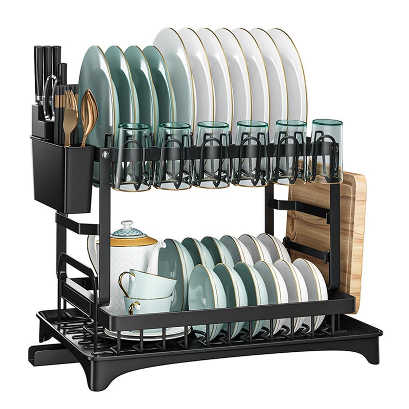 KZOBYD stainless steel Dish Drying Rack with Drip Tray, 2 Tier Compact Dish Drainer Rack, Plate Drying Rack with Cutlery Holder Draining Board Rack with Utensil Holder for Kitchen Countertop, Black - Image 1