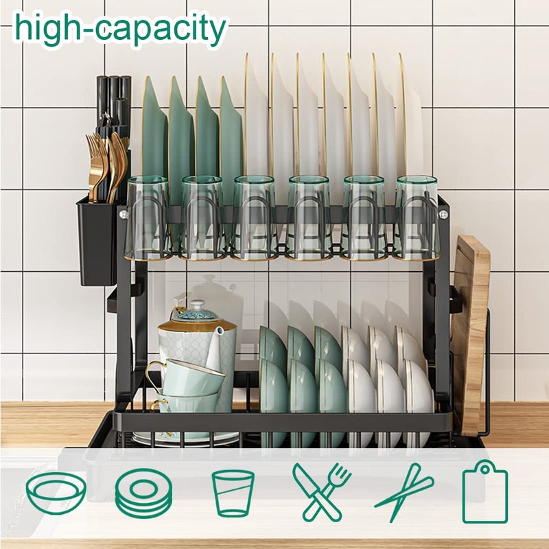 KZOBYD stainless steel Dish Drying Rack with Drip Tray, 2 Tier Compact Dish Drainer Rack, Plate Drying Rack with Cutlery Holder Draining Board Rack with Utensil Holder for Kitchen Countertop, Black - Image 2