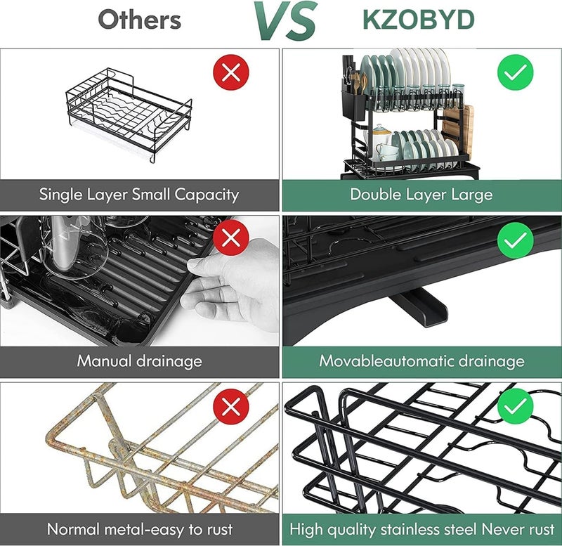 KZOBYD stainless steel Dish Drying Rack with Drip Tray, 2 Tier Compact Dish Drainer Rack, Plate Drying Rack with Cutlery Holder Draining Board Rack with Utensil Holder for Kitchen Countertop, Black - Image 5