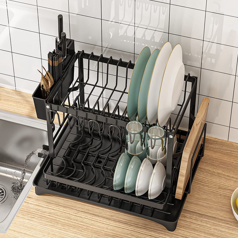 KZOBYD stainless steel Dish Drying Rack with Drip Tray, 2 Tier Compact Dish Drainer Rack, Plate Drying Rack with Cutlery Holder Draining Board Rack with Utensil Holder for Kitchen Countertop, Black - Image 4