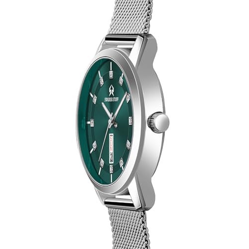 SWADESI STUFF Men’s Round Dial Stainless Steel Analog Quartz Watch – 42mm Day & Date Diamond Display with Silver Chain Strap (Black, Blue, White, Green Dial Options) (Green) - Image 3