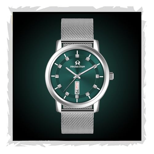 SWADESI STUFF Men’s Round Dial Stainless Steel Analog Quartz Watch – 42mm Day & Date Diamond Display with Silver Chain Strap (Black, Blue, White, Green Dial Options) (Green) - Image 1