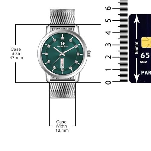 SWADESI STUFF Men’s Round Dial Stainless Steel Analog Quartz Watch – 42mm Day & Date Diamond Display with Silver Chain Strap (Black, Blue, White, Green Dial Options) (Green) - Image 4