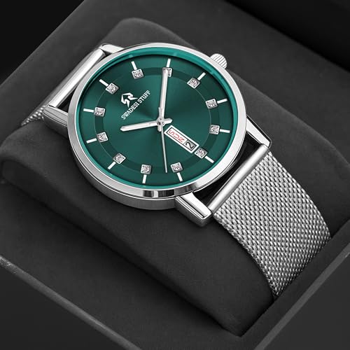 SWADESI STUFF Men’s Round Dial Stainless Steel Analog Quartz Watch – 42mm Day & Date Diamond Display with Silver Chain Strap (Black, Blue, White, Green Dial Options) (Green) - Image 2