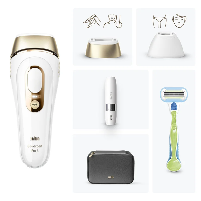 Braun Silk-expert Pro 5, IPL Hair Removal Device, with 4 extras FS1000 Face Mini Hair Remover, Precision Head, Venus Razor and Soft Bag - PL 5146